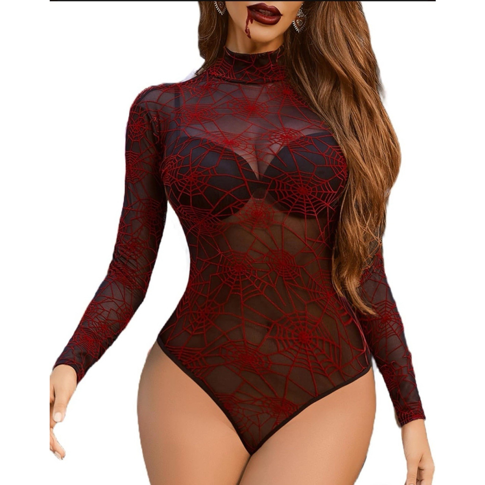 AVIDLOVE Sheer Mesh Turtleneck Bodysuit Black and Red Spiderweb Size S A5